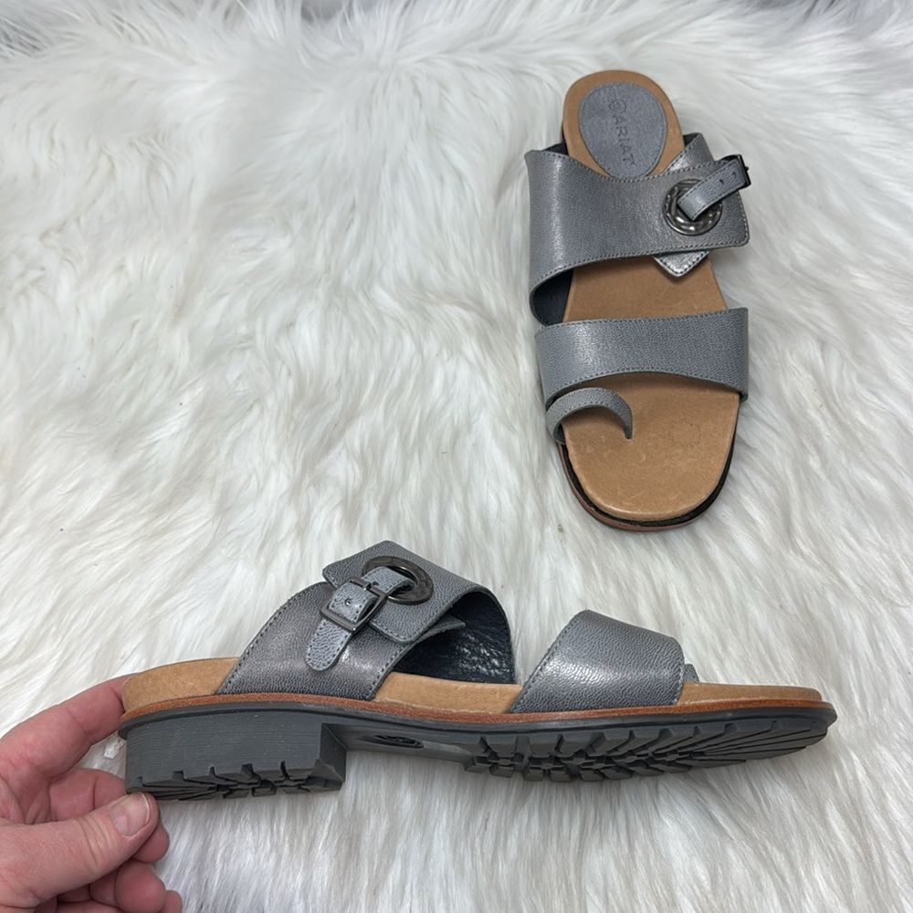 Ariat Kailey Women''s Grey Sandals Grey Leather‎ Double Strap Toe Ring Sz 9.5